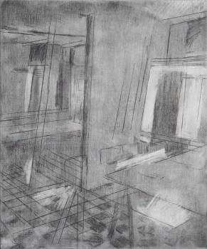 RAUM, 2016, Kohle, Bleistift auf Holz, 40 x 35 cm