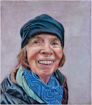 FRAU APEL, 2026, Harzöllasur auf Holz, 40 x 35 cm