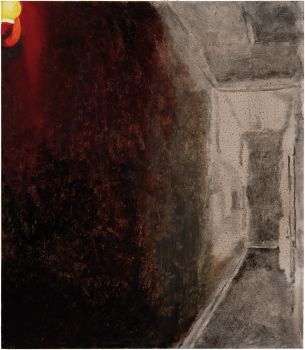 GANG MIT ROTER LAMPE CROQUIS  2023    Harzöllasur auf Holz    40 x 35 cm