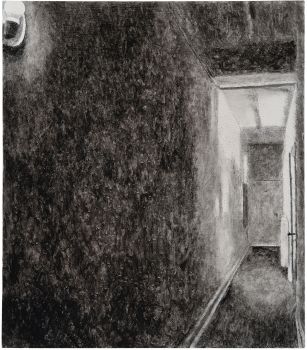 GANG MIT ROTER LAMPE CROQUIS  2023    Harzöllasur auf Holz    40 x 35 cm