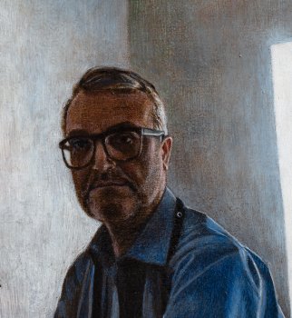 Detail aus SPIEGEL, 2019, Harzöllasur auf Leinwand, 40 x 35 cm